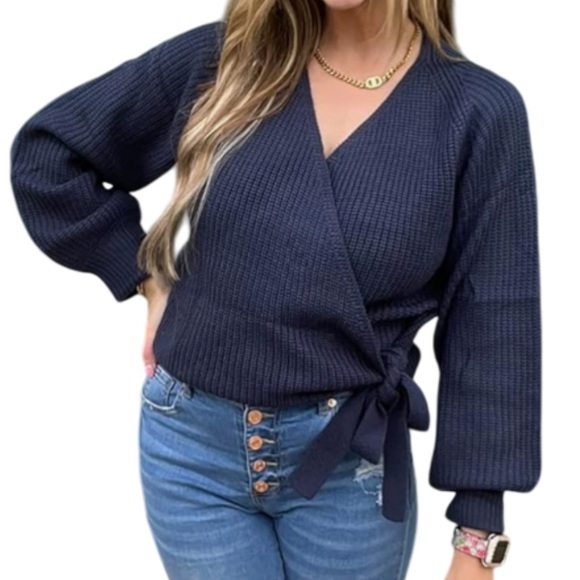 NWT KIRUNDO Wrap Sweater Balloon Sleeves Ribbed Knitted Pullover Tie Front Top - Picture 2 of 13